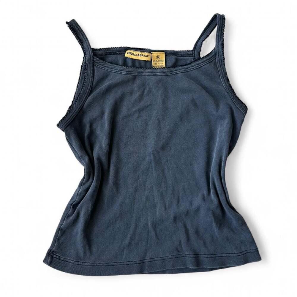 Vintage Blue Asphalt Dark Gray/Black Crochet‑Trim Tank Top – Fits S/M